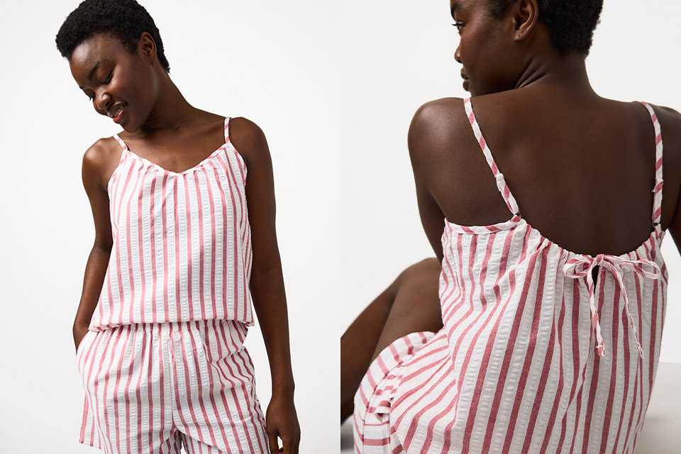 Pink striped women’s pyjama set with sleeveless top and matching trousers – soft lightweight nightwear.