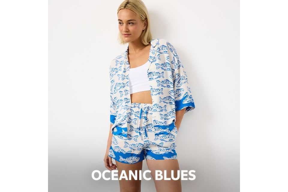 Blue ocean print women’s short pyjama set with matching shirt and shorts – relaxed fit nightwear.
