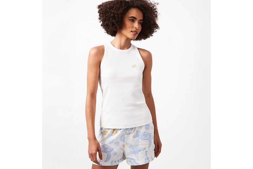 White sleeveless top with printed shorts – lightweight women’s summer pyjama set.