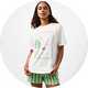 White coffee graphic T-shirt with pastel green and pink coffee-themed print paired with green and pink striped shorts lounge set.