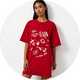 Red oversized printed nightshirt featuring Italian-inspired graphic illustrations, styled as a women's nightwear sleep tee.