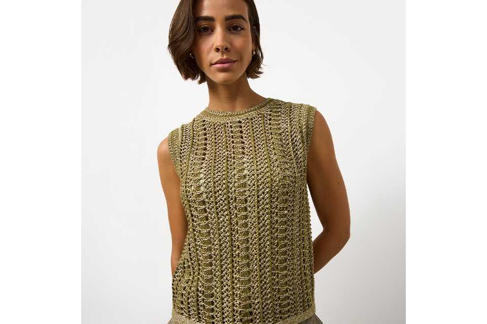 Olive green open-knit sleeveless sweater top with textured crochet pattern and crew neckline, shown in a front view.