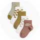 Five-pack baby socks with checkerboard, striped, and slogan designs in soft neutral colours.