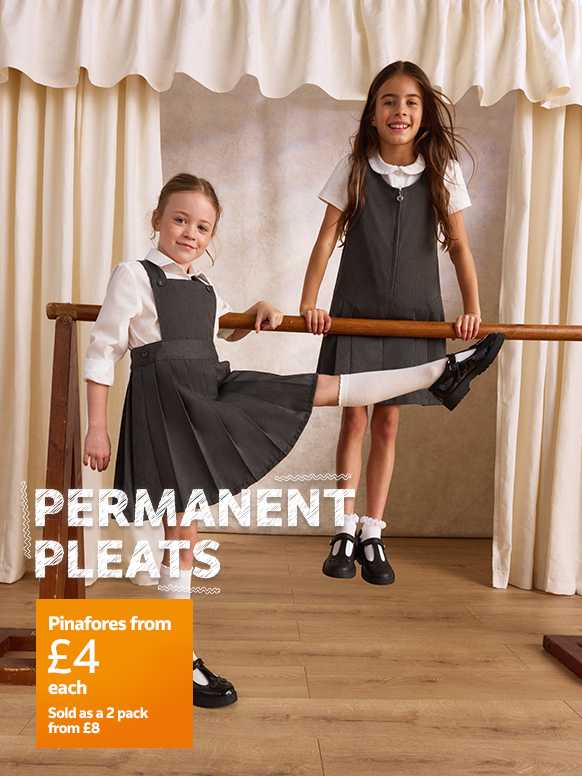Permanent pleats. Pinafores from £4 each. Sold as a 2 pack from £8. Dresses & skirts.