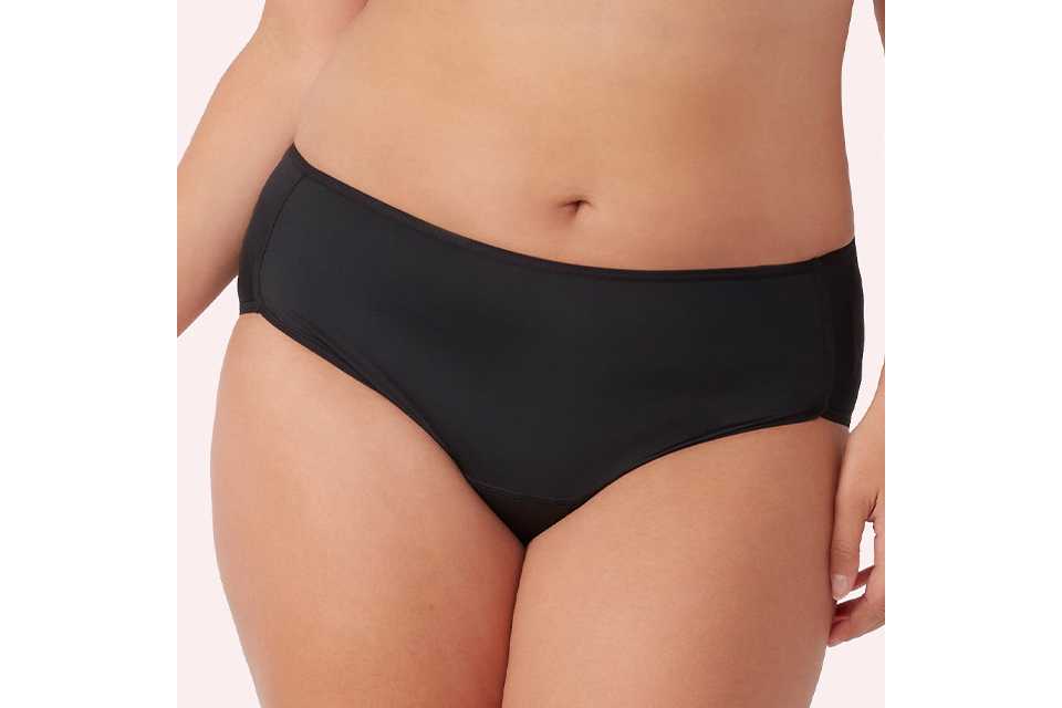 Black period midi briefs for women with a smooth microfibre finish, reusable absorbent design and comfortable mid-rise fit.