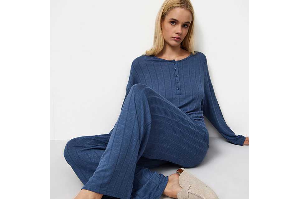 Women's blue long-sleeve pyjama set with matching trousers, comfortable long-length sleepwear for cooler seasons.