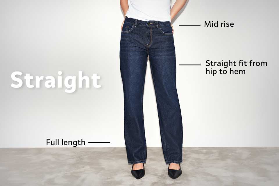 Mid-rise blue straight-leg jeans with full-length fit from hip to hem, paired with black shoes and a white top.