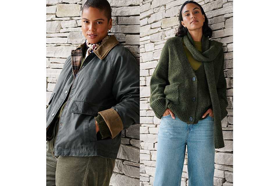 Two women wearing autumnal clothes including a boxy jacket and a knitted cardigan.