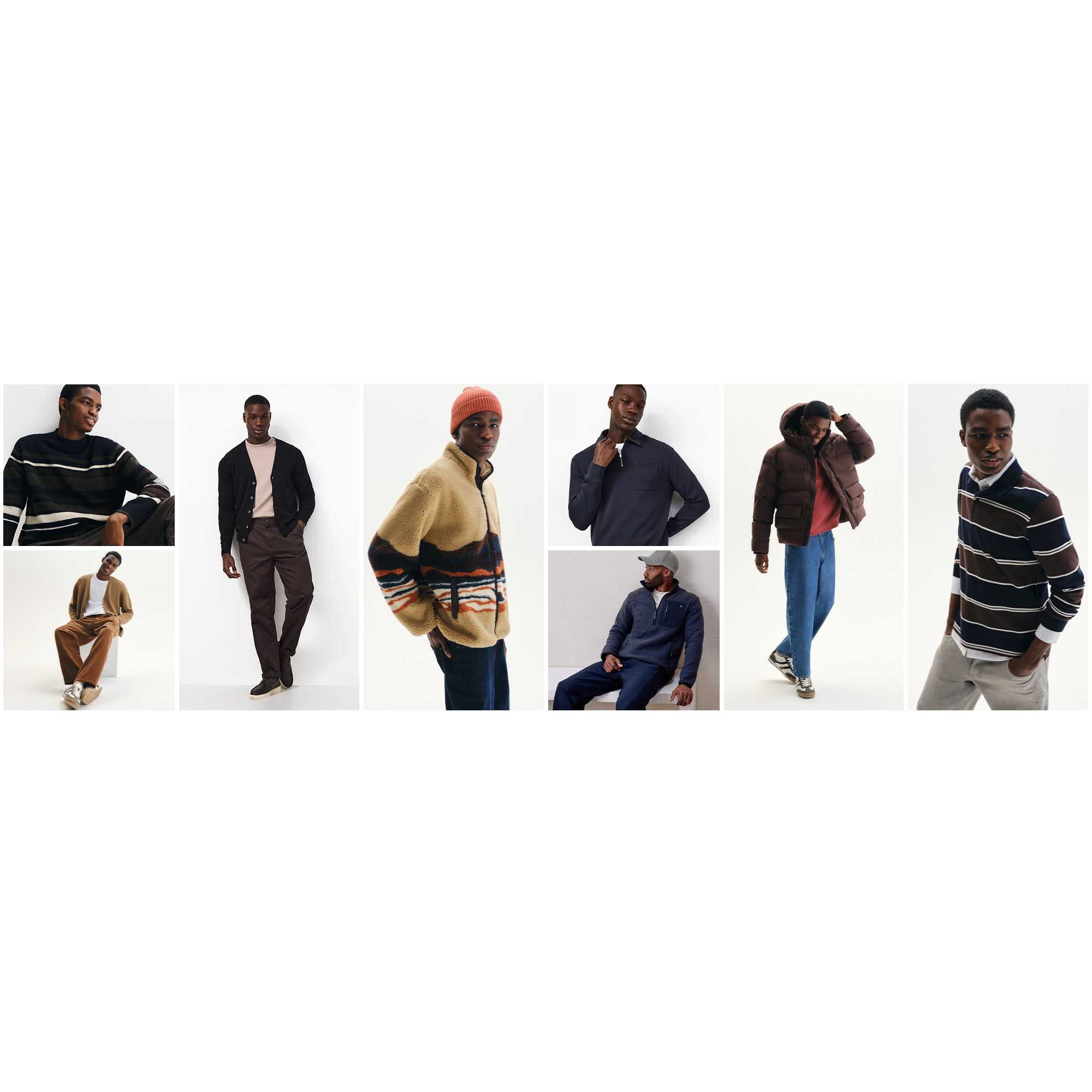 Men's autumn outfits featuring knitwear, overshirts, lightweight jackets and smart casual wardrobe essentials.