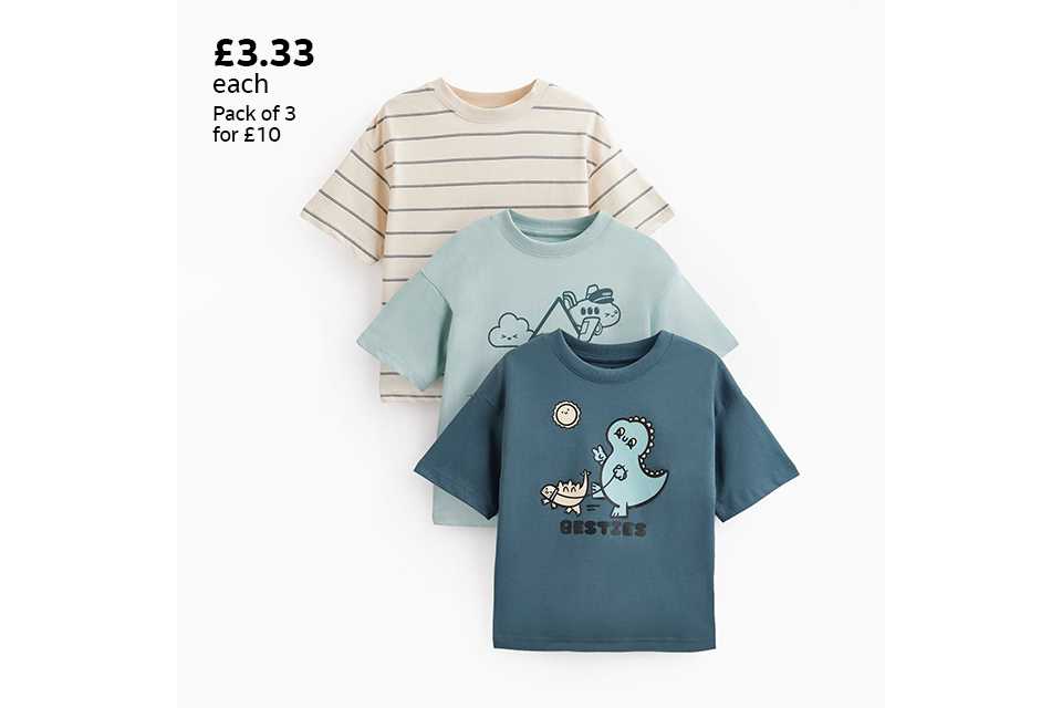 £3.33 each pack of 3 for £10. 3 pack dinosaur t-shirts.
