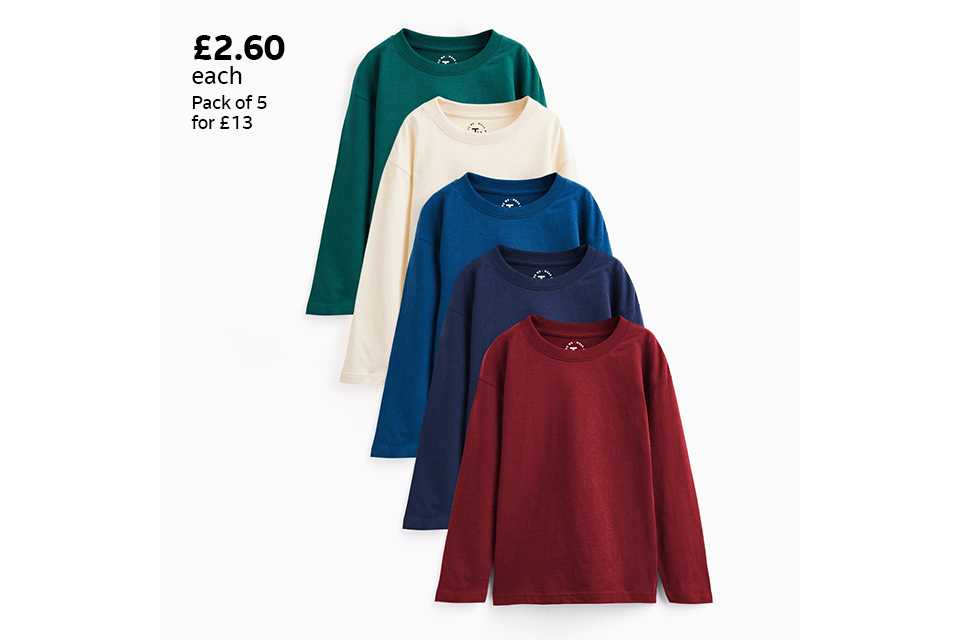 £2.60 each pack of 5 for £13. 5 pack long sleeve t-shirts.