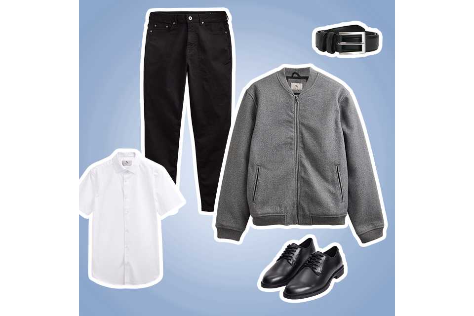 Men's smart occasion outfit with white shirt, zip knit jumper, dark trousers and formal shoes.