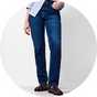 Blue striped button-down shirt paired with dark wash straight-leg jeans.