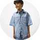Kids' light wash denim shirt with short sleeves, snap-button fastening, and front patch pockets.