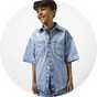 Kids' light wash denim shirt with short sleeves, snap-button fastening, and front patch pockets.