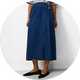 Dark wash denim midi wrap skirt with side buckle detail and an A-line silhouette.