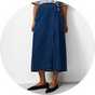 Dark wash denim midi wrap skirt with side buckle detail and an A-line silhouette.