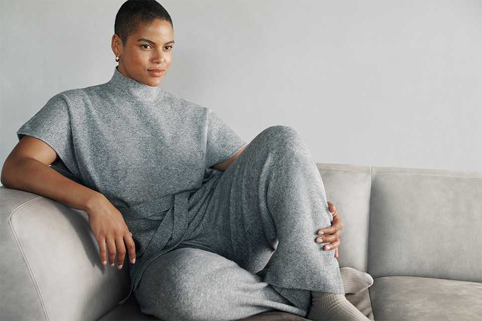 Woman wearing cosy grey co-ord.