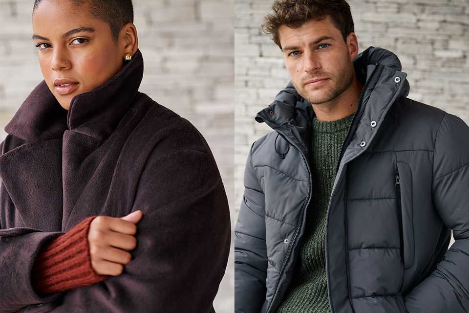 Woman wearing funnel neck coat and man wearing a padded jacket.