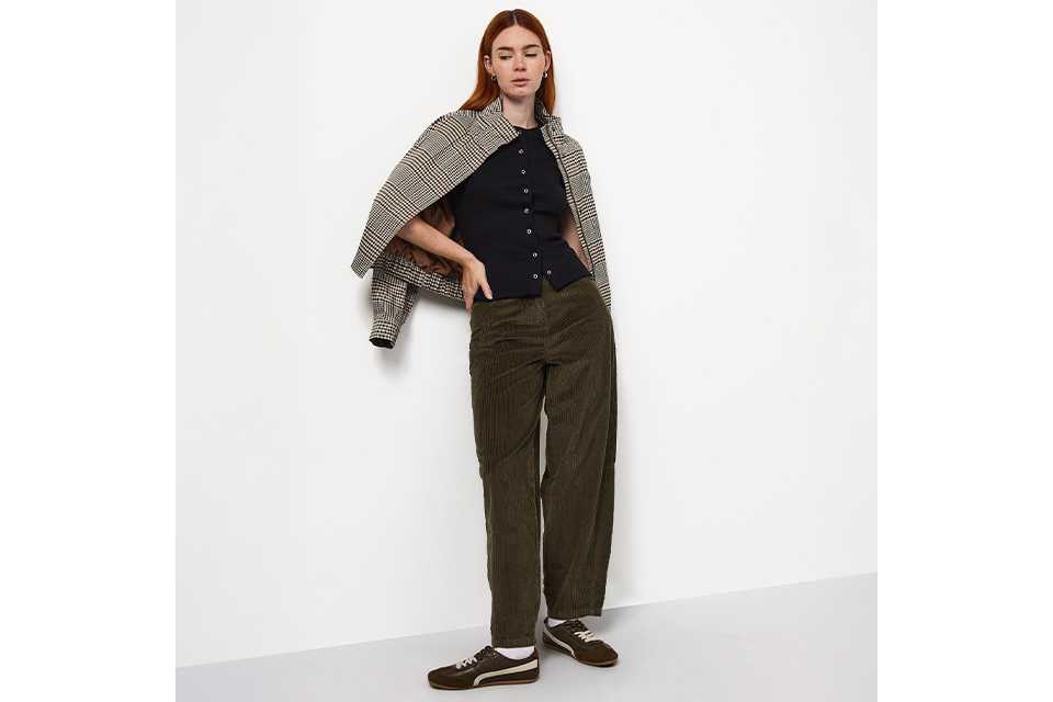 Checked blazer draped over the shoulders, paired with a black button-front cardigan, olive green wide-leg corduroy trousers, and brown sneakers for a smart-casual autumn outfit.