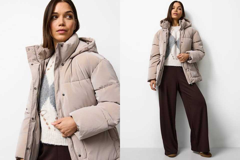 Woman wearing light brown cargo padded coat, with two shots, one showing a close up and one a full length shot.