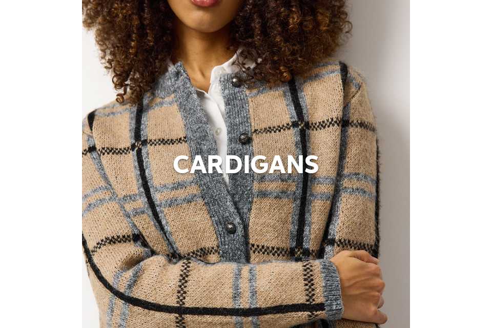 Woman wearing brown checked brushed cardigan.