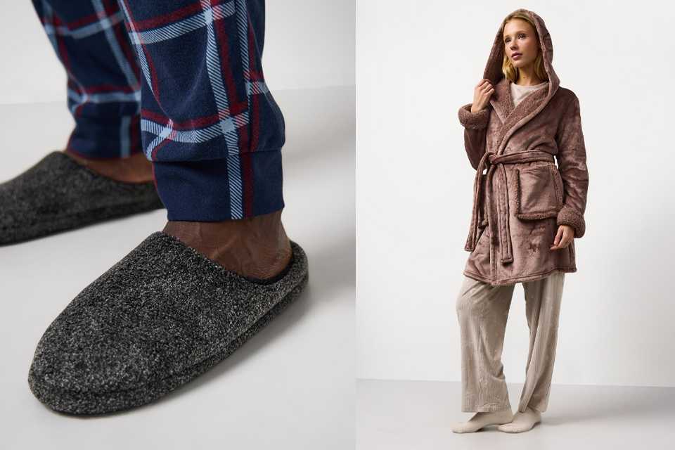 Tow images being shown- a man wearing grey slippers and dark blue check pyjamas bottoms, and then a woman wearing a mocha brown hooded dressing gown with neutral pyjama bottoms.