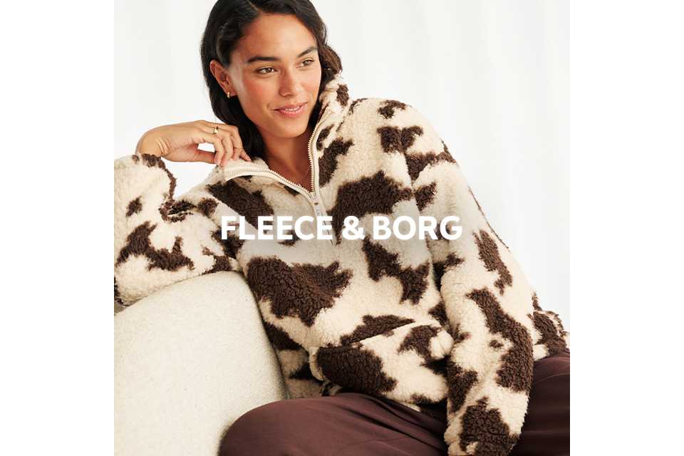 Cream and brown fleece borg nightwear top with zip detail.