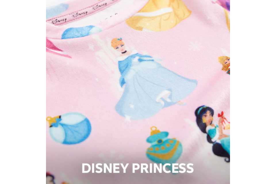 Pink nightwear fabric with Disney Princess characters including Cinderella, Jasmine, and Belle.