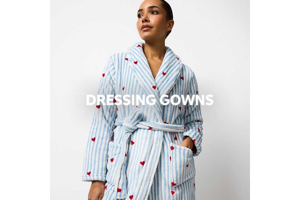 Blue and white striped dressing gown with red heart print and a tie belt.