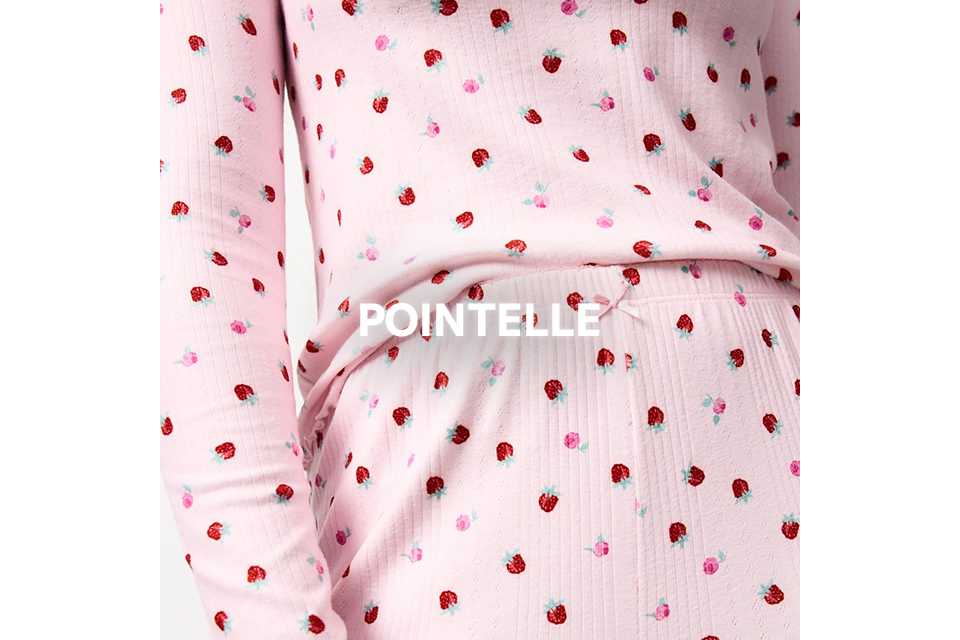 Light pink pointelle nightwear with small red strawberry print.