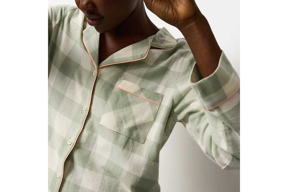 Light green check pyjama set with contrast piping.