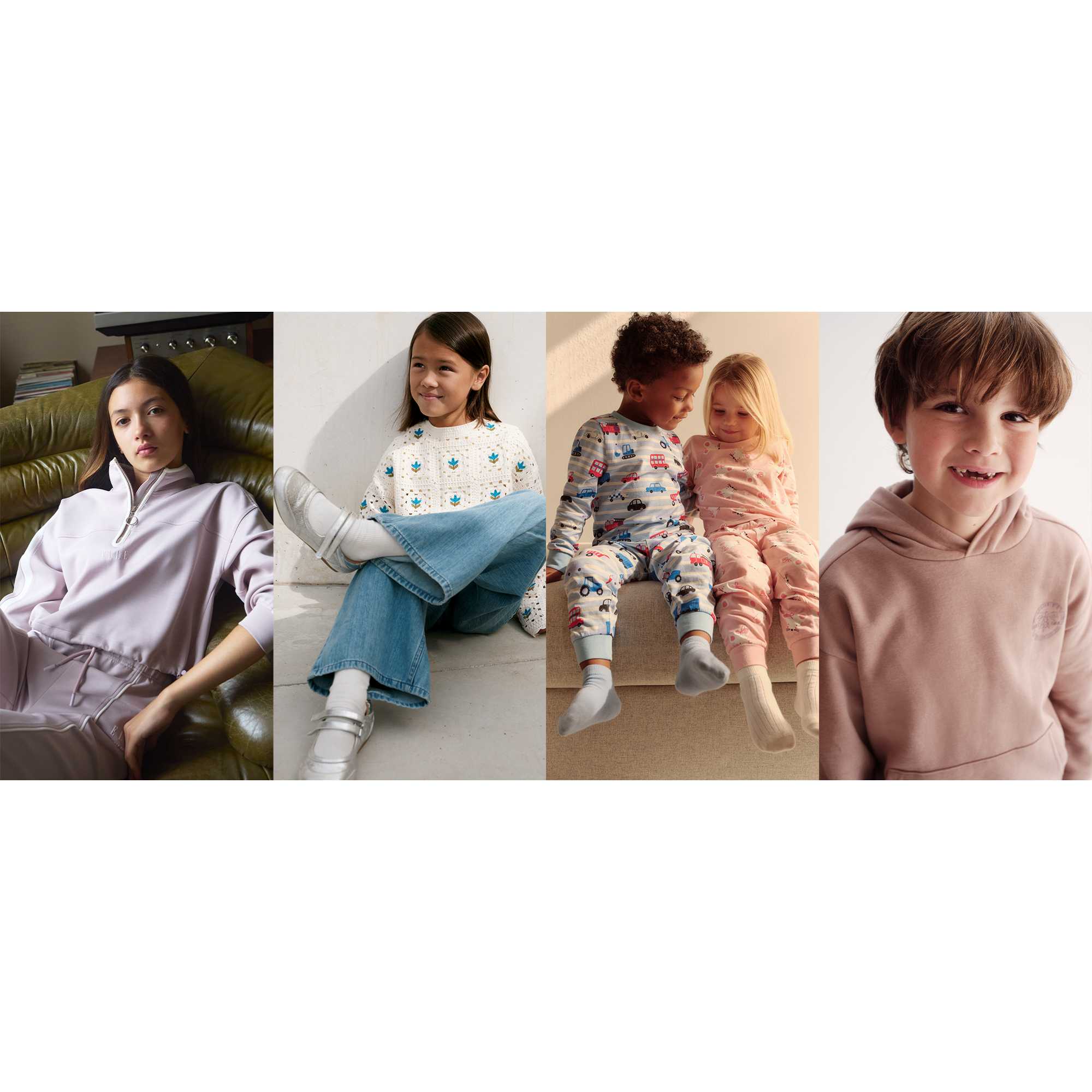 Four images showing adults and children wearing casual clothing, including a lilac zip-neck top, a patterned sweater with flared jeans, printed children's pyjama sets, and a blush pink hoodie.
