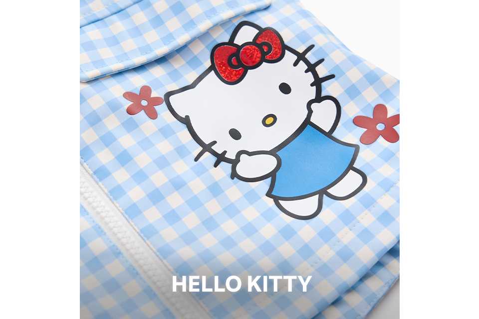 Close-up of blue gingham fabric featuring a large Hello Kitty graphic wearing a blue dress.