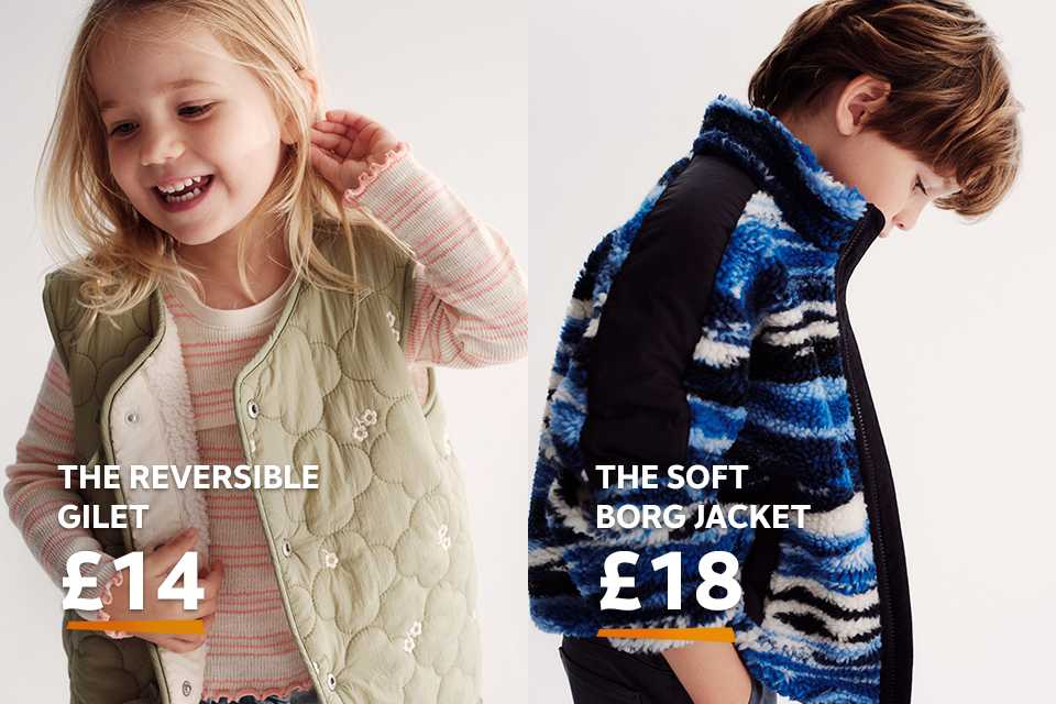 Child wearing a quilted reversible gilet over a striped top, shown next to another child wearing a blue and black patterned soft borg jacket. Prices displayed as £14 and £18.