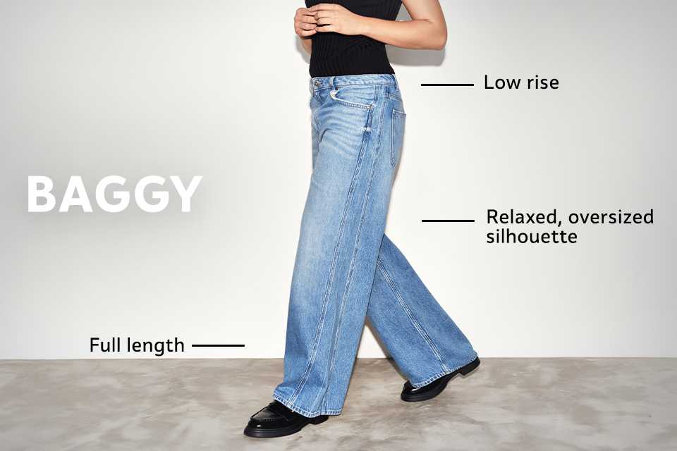 Mid-rise wide baggy jeans in light blue denim with full-length style, worn with black top and shoes.