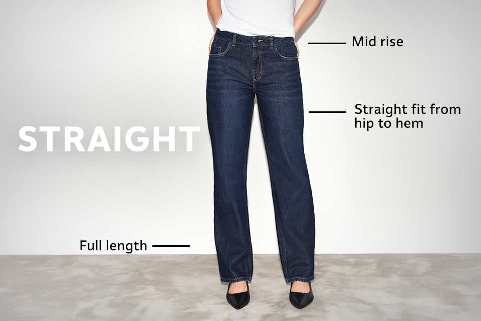Mid-rise blue straight-leg jeans with full-length fit from hip to hem, paired with black shoes and a white top.