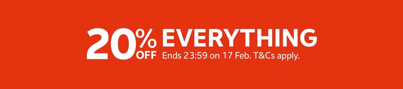 20% off everything. Ends 23:59 on 17 Feb. T&Cs apply.