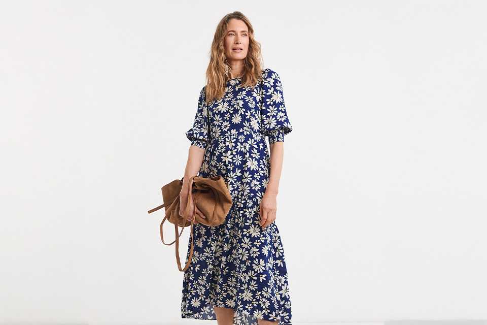 Floral midi dress styled for a mother of the bride or groom outfit, offering a polished and elegant wedding look.