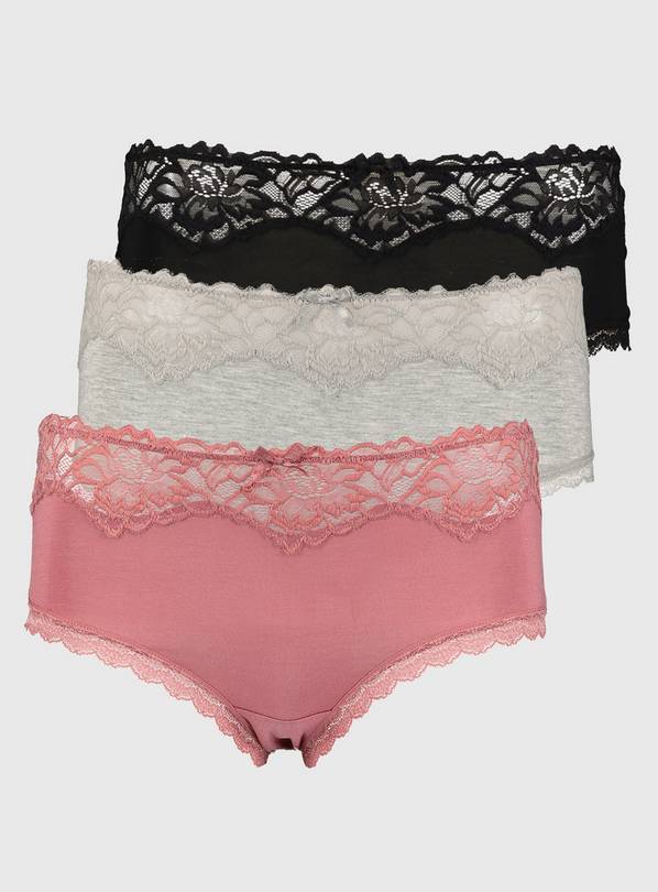 Pink, Grey & Black Lace Top Midi Knickers 3 Pack - 24