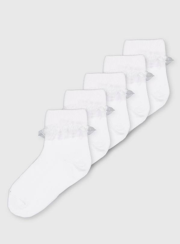 White Frilly Trim Socks 5 Pack 6-8.5