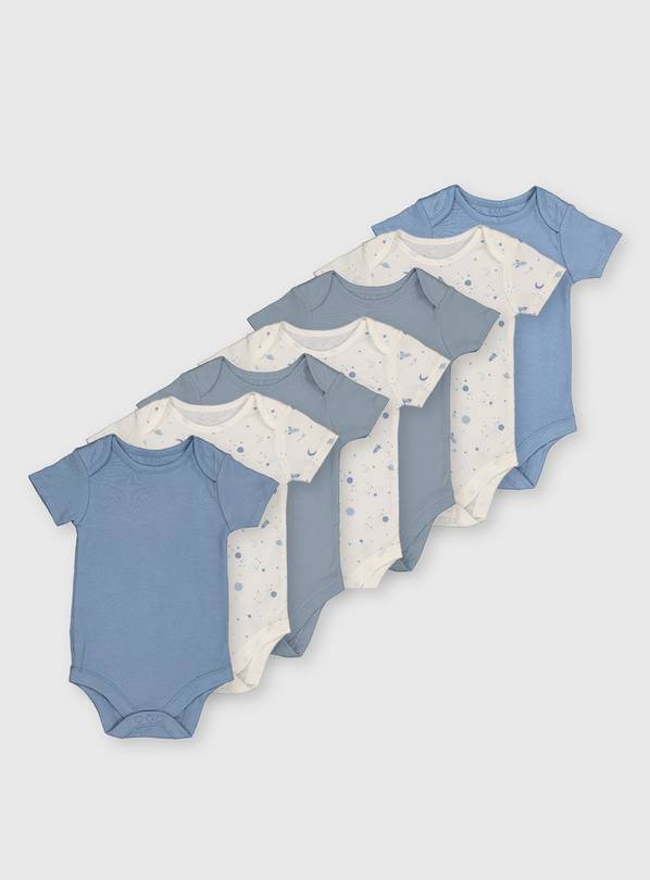 Space Print & Blue Bodysuits 7 Pack Newborn