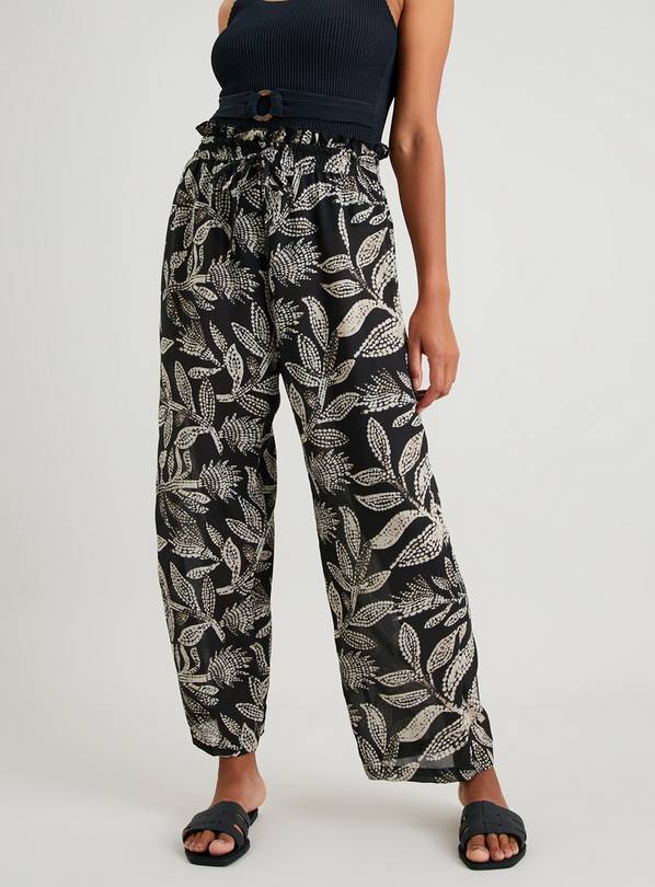 Black Palm Print Cover Up Sheer Trousers 26