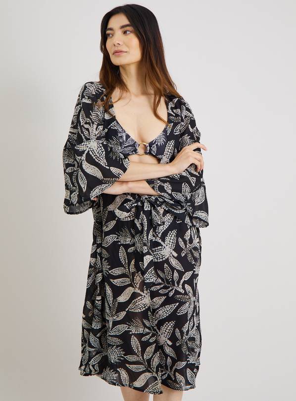 Mono Leaf Print Long Line Cover Up - XS