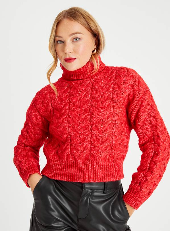 Red Cropped Roll Neck Cable Knit Jumper 12
