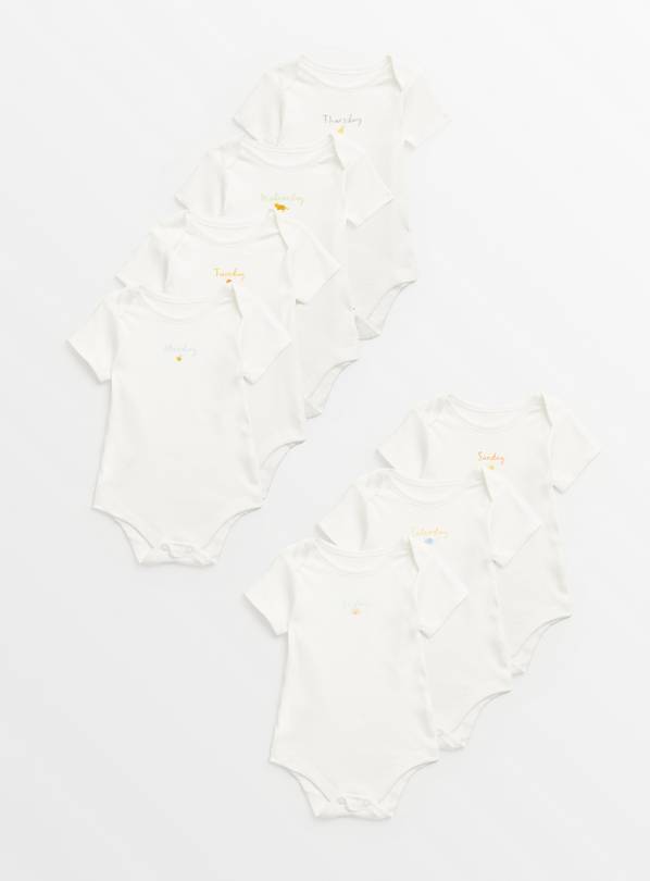 White Weekdays Short Sleeve Bodysuits 7 Pack  Newborn
