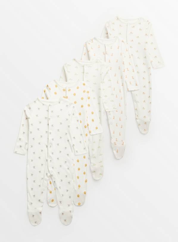 White Micro Animal Print Sleepsuit 5 Pack  Newborn