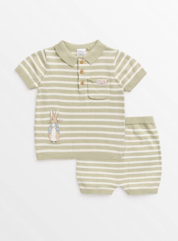 Peter Rabbit Green Stripe Knitted Polo Shirt & Shorts Set Up to 3 mths