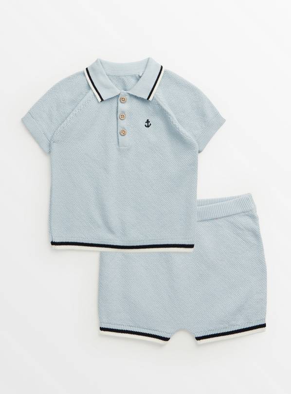 Blue Knitted Polo Shirt & Shorts Set Up to 3 mths