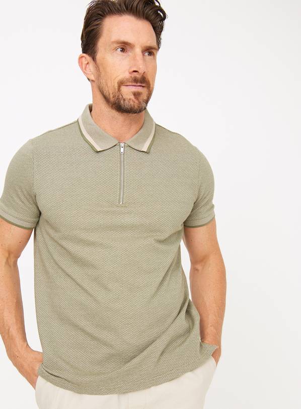Khaki Textured Zip Short Sleeve Polo Shirt XL